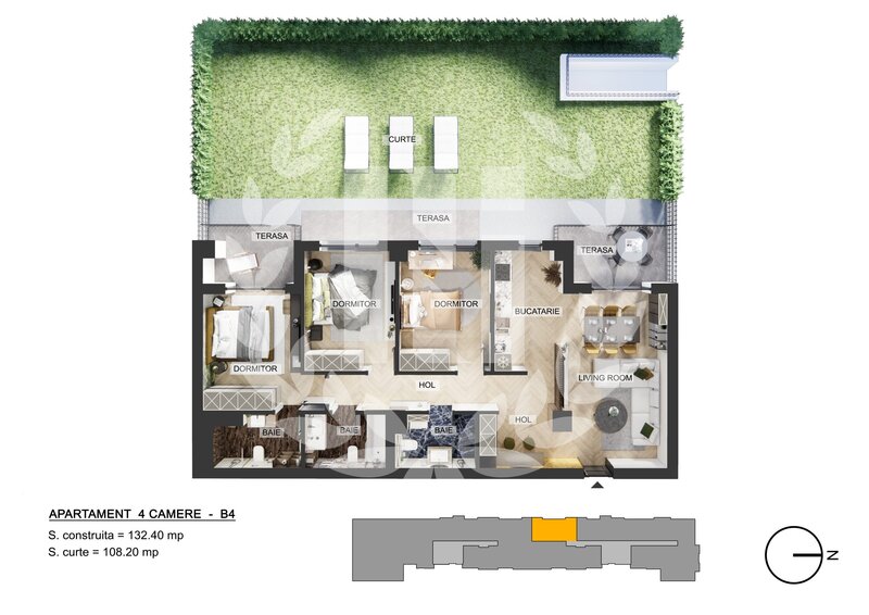 Plaza Pipera, apartament 4 camere, curte privata, bloc finalizat.